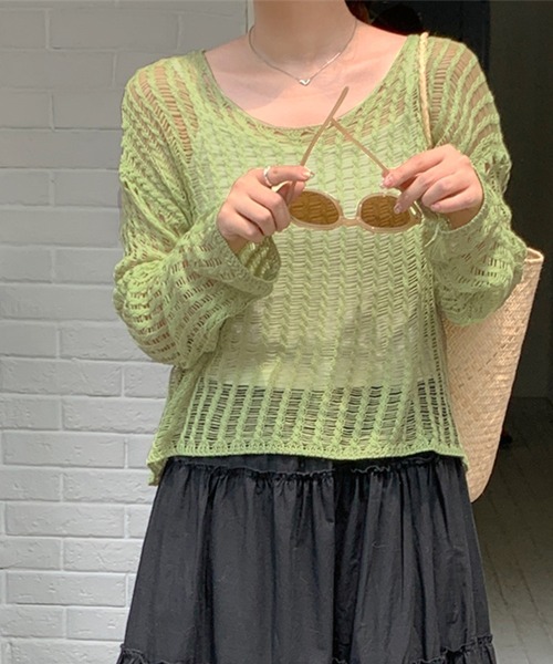 Songe（ソンジュ）の「透かし編みショート丈シアーニットトップス（ニット/セーター・レディース・グレー/ホワイト/ピンク/グリーン・FREE）」の12枚目の写真