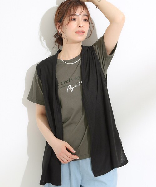 DRESKIP(ドレスキップ)の「【S-LL/2点セット/体型カバーにも】着回しいろいろ ジレ+ロゴTシャツ(その他トップス・レディース・カーキ/ブラック/ブラック系4・04/03/02/01)」の1枚目の写真