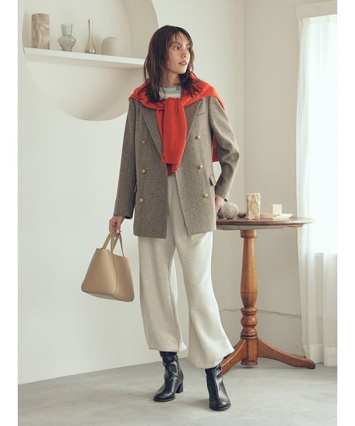 チェック金釦ダブルブレストロングブレザー（テーラード