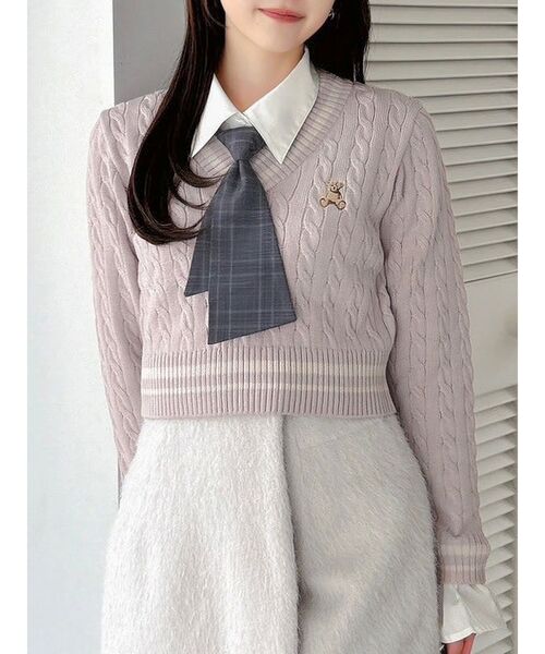 POLO BCS（ポロ ビーシーエス）の「【POLO BCS コラボ】シャツドッキングケーブルニットトップス（ニット/セーター・レディース・ピンク/オフホワイト/ネイビー・FREE）」の3枚目の写真