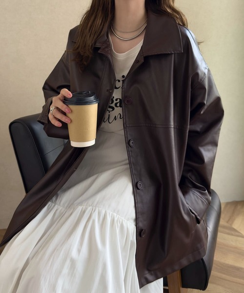 KOBE LETTUCE(コウベレタス)の「フェイクレザージャケット(ステンカラーコート・レディース・ブラウン/アイボリー/ブラック・M)」の10枚目の写真