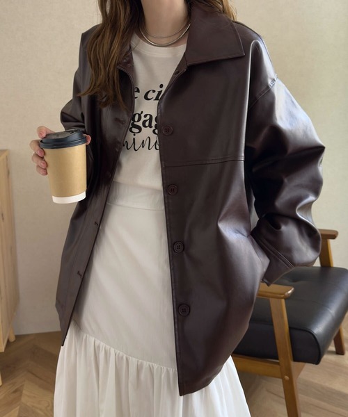 KOBE LETTUCE(コウベレタス)の「フェイクレザージャケット(ステンカラーコート・レディース・ブラウン/アイボリー/ブラック・M)」の12枚目の写真
