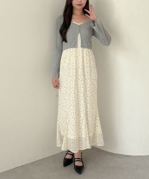 archives（アルシーヴ）の「シアーリブニットカーディガン×花柄キャミワンピースＳＥＴ（ワンピース・レディース・アイボリー/ブラック・MEDIUM）」の4枚目の写真