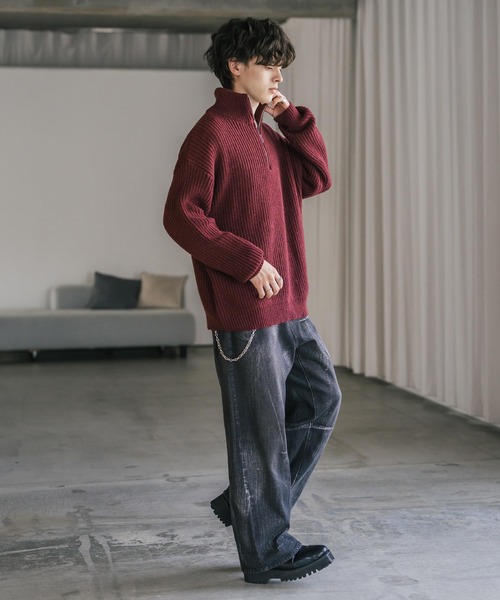 Rocky Monroe(ロッキーモンロー)の「新色追加 オーバーサイズ畦編みハーフジップニットセーター(ニット/セーター・メンズ・ブラック/ブラウン/ブラック系/ネイビー/チャコール/レッド/オフホワイト/グレー系/グレー/ブルー/マスタード/ベージュ/ブルーグリーン/ホワイト系/ワイン/ピンク/ライトグリーン・L/M/XL/S)」の18枚目の写真