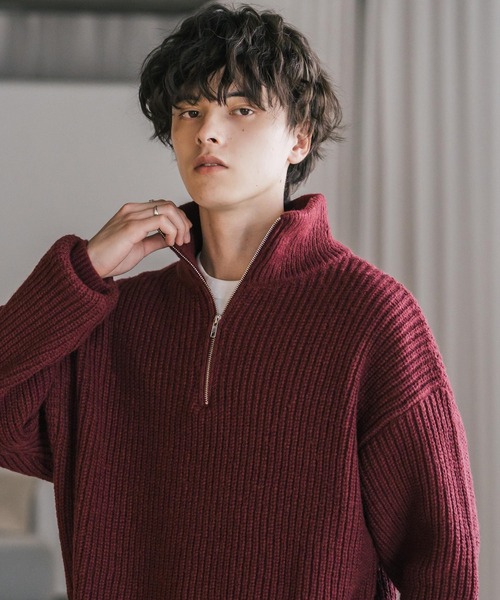 SUNRISE レッド セーター セール】 【KING SIZE】【Cash Lamb's Wool】ハーフジップニット