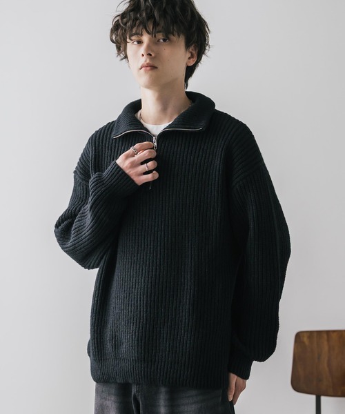 オーバーサイズ畦編みハーフジップニットセーター（ニット/セーター