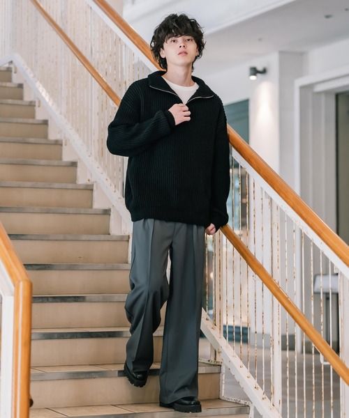 オーバーサイズ畦編みハーフジップニットセーター（ニット