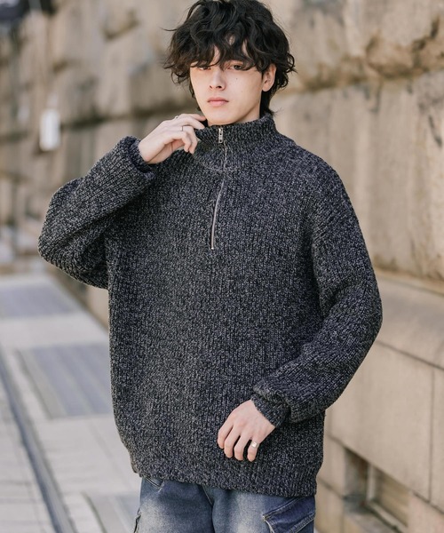 セール】新色追加 オーバーサイズ畦編みハーフジップニットセーター