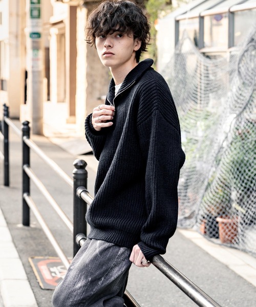 オーバーサイズ畦編みハーフジップニットセーター（ニット/セーター