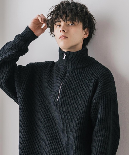オーバーサイズ畦編みハーフジップニットセーター（ニット/セーター
