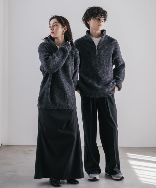 オーバーサイズ畦編みハーフジップニットセーター（ニット/セーター