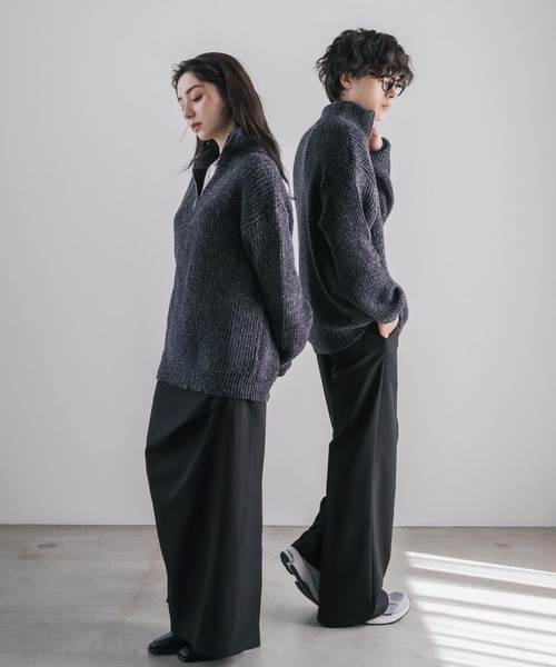 セール】新色追加 オーバーサイズ畦編みハーフジップニットセーター