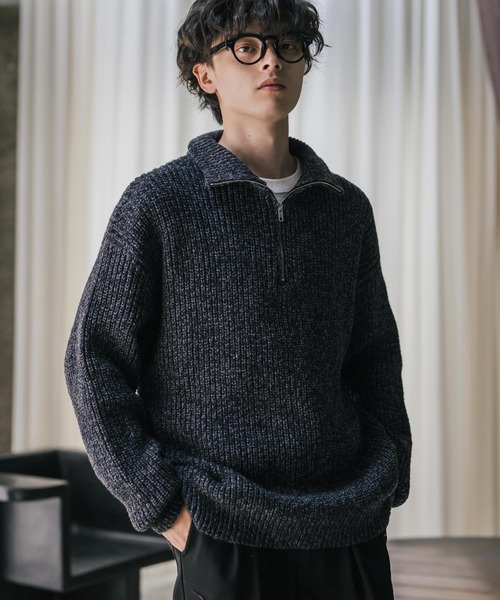 オーバーサイズ畦編みハーフジップニットセーター（ニット/セーター