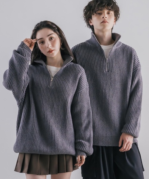 オーバーサイズ畦編みハーフジップニットセーター（ニット/セーター
