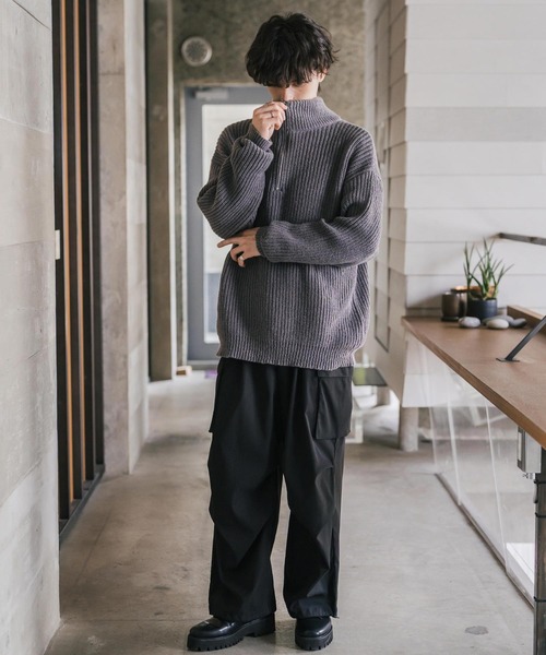 セール】新色追加 オーバーサイズ畦編みハーフジップニットセーター