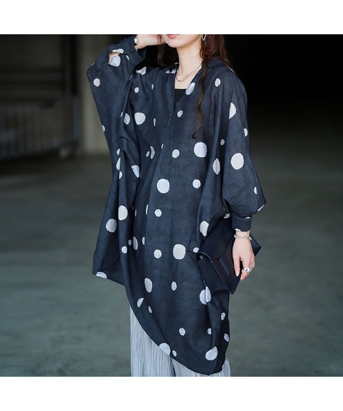 セール】ドット柄スキッパードルマンシャツチュニック【大きいサイズ