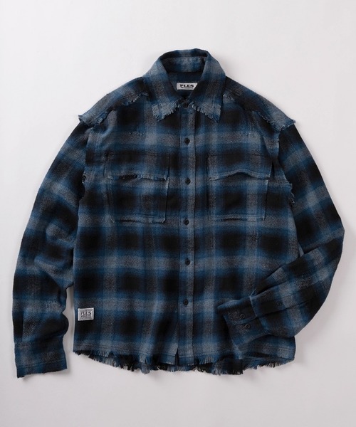 72】ダメージ加工 オンブレチェックシャツ/アメカジ/古着風（シャツ