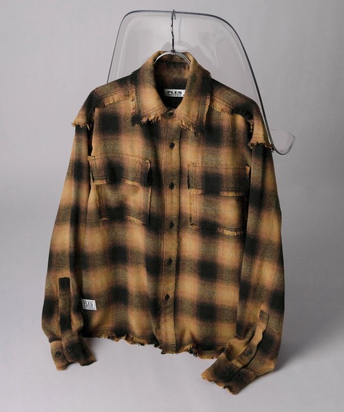 72】ダメージ加工 オンブレチェックシャツ/アメカジ/古着風