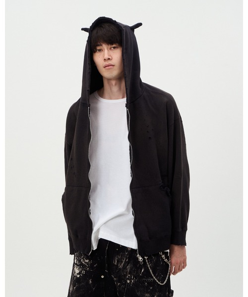 DISCOVERED（ディスカバード）の「DEVIL EAR DAMAGE HOODIE（パーカー・メンズ・ブラック/ベージュ・SMALL/LARGE）」の2枚目の写真