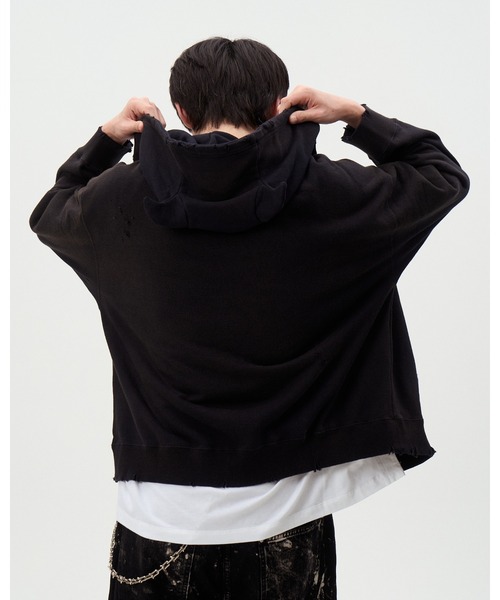 DISCOVERED（ディスカバード）の「DEVIL EAR DAMAGE HOODIE（パーカー・メンズ・ブラック/ベージュ・SMALL/LARGE）」の13枚目の写真