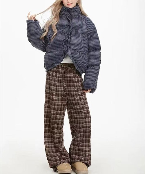 ⚠️2点ご購入ページ⚠️チェック柄ショート薄手ジャケット　フロント編み上げスエット チェック柄 ボアジャケット レディース ショート丈 送料無料・メール便