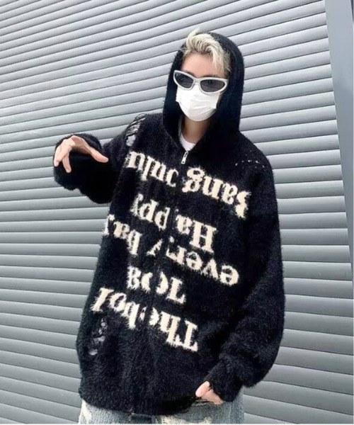 FVLMEN(フルメン)の「【FVLMEN】message shaggy knit zip parka/メッセージ シャギー ニット ジップ パーカー(パーカー・メンズ・グレー/ブラック・MEDIUM/LARGE/X-LARGE)」の1枚目の写真