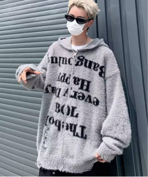 FVLMEN(フルメン)の「【FVLMEN】message shaggy knit zip parka/メッセージ シャギー ニット ジップ パーカー(パーカー・メンズ・グレー/ブラック・MEDIUM/LARGE/X-LARGE)」の5枚目の写真