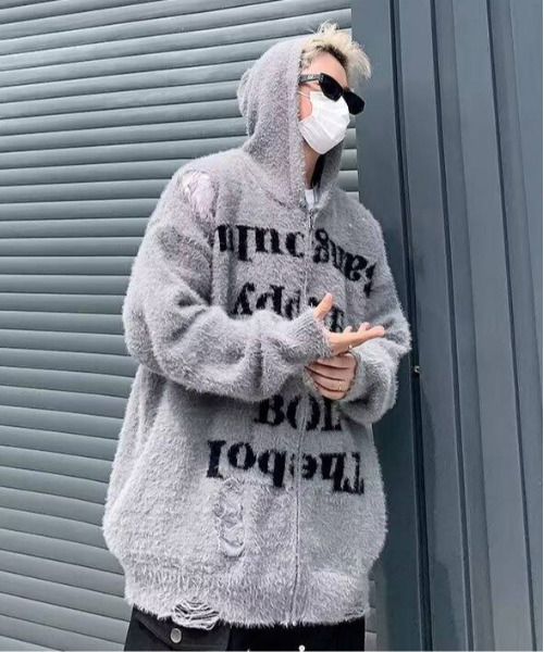 FVLMEN(フルメン)の「【FVLMEN】message shaggy knit zip parka/メッセージ シャギー ニット ジップ パーカー(パーカー・メンズ・グレー/ブラック・MEDIUM/LARGE/X-LARGE)」の3枚目の写真