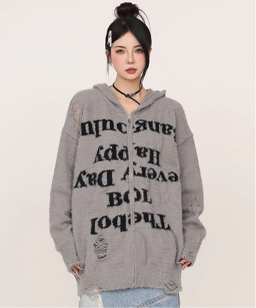 FVLMEN(フルメン)の「【FVLMEN】message shaggy knit zip parka/メッセージ シャギー ニット ジップ パーカー(パーカー・メンズ・グレー/ブラック・MEDIUM/LARGE/X-LARGE)」の14枚目の写真