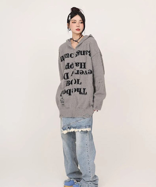 FVLMEN(フルメン)の「【FVLMEN】message shaggy knit zip parka/メッセージ シャギー ニット ジップ パーカー(パーカー・メンズ・グレー/ブラック・MEDIUM/LARGE/X-LARGE)」の12枚目の写真