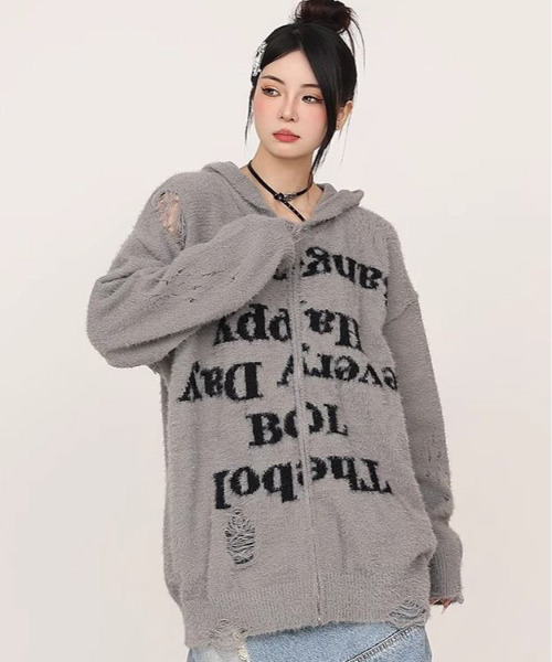 FVLMEN(フルメン)の「【FVLMEN】message shaggy knit zip parka/メッセージ シャギー ニット ジップ パーカー(パーカー・メンズ・グレー/ブラック・MEDIUM/LARGE/X-LARGE)」の7枚目の写真