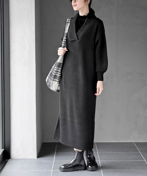rps（アールピーエス）の「ショールカラーニットワンピース（ワンピース・レディース・モカ/ブラウン系その他/ブラック/グレー系その他・フリー）」の2枚目の写真