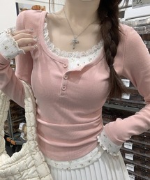 Tシャツ/カットソー（ピンク/桃色系・ヘンリーネック