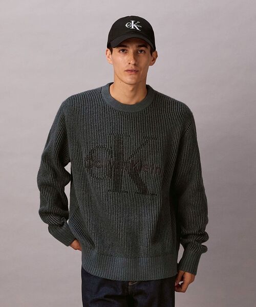 ニット - インターシャロングスリーブクルーネックセーター（ニット