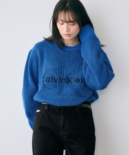 Calvin Klein（カルバン・クライン）の「ニット - インターシャロングスリーブクルーネックセーター（ニット/セーター・メンズ・ダークブルー/ブルー・L/M/S）」の3枚目の写真
