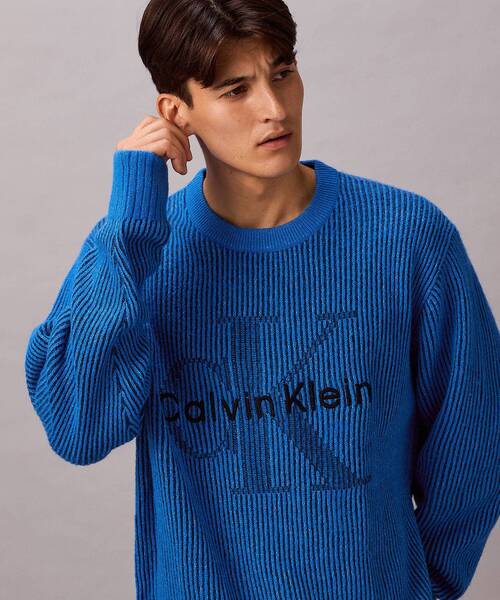 Calvin Klein（カルバン・クライン）の「ニット - インターシャロングスリーブクルーネックセーター（ニット/セーター・メンズ・ダークブルー/ブルー・L/M/S）」の6枚目の写真