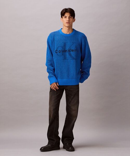 ニット - インターシャロングスリーブクルーネックセーター（ニット