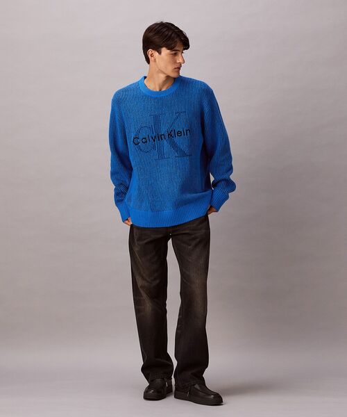 ニット - インターシャロングスリーブクルーネックセーター（ニット