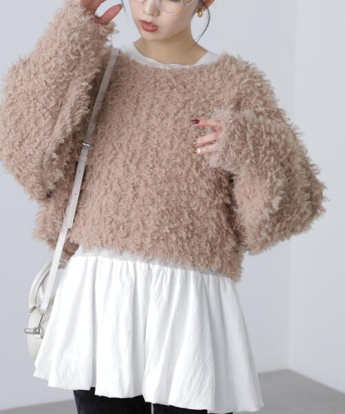 FREE'S MART（フリーズマート）の「◆プードルボアショート丈ニットソー（スウェット・レディース・ブラウン/ホワイト/ベージュ・FREE）」の3枚目の写真