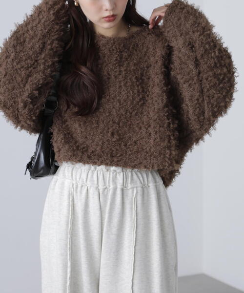 FREE'S MART（フリーズマート）の「◆プードルボアショート丈ニットソー（スウェット・レディース・ブラウン/ホワイト/ベージュ・FREE）」の2枚目の写真