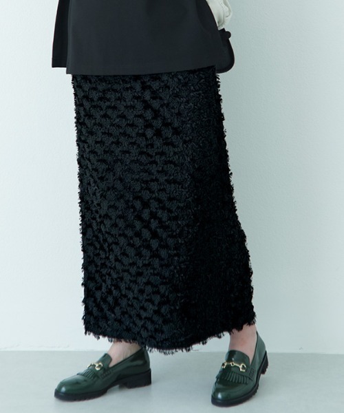 Live in comfort（リブインコンフォート）の「リブ　イン　コンフォート　ぐいーんと伸びる　軽やかさが素敵なフリンジスカート（スカート・レディース・ベージュ/ブラック・3L/LL/L/M/4L/S）」の2枚目の写真