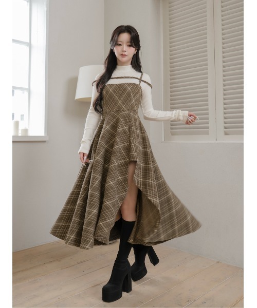 Darich レイヤードチェックイレヘムミディワンピース BRN レイヤードチェックイレヘムミディワンピース（ワンピース）｜Darich