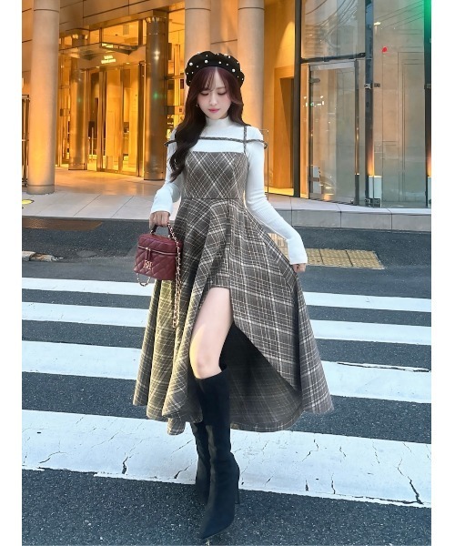 レイヤードチェックイレヘムミディワンピース（ワンピース）｜Darich