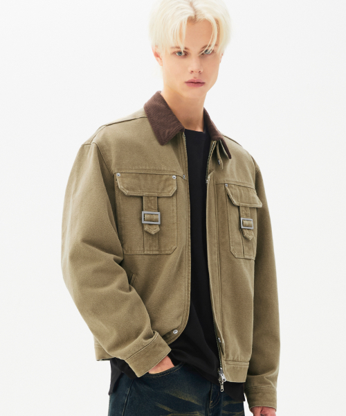 ストーンウォッシングバックルコットンワークジャケット（ベージュ）