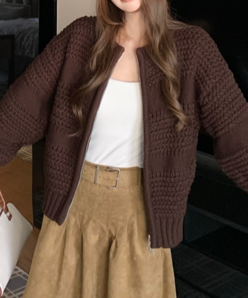 Vipoa(ヴィポア)の「パイナップル編みダブルジップカーディガン(カーディガン/ボレロ・レディース・ライトイエロー/ブラウン/ホワイト・FREE)」の8枚目の写真