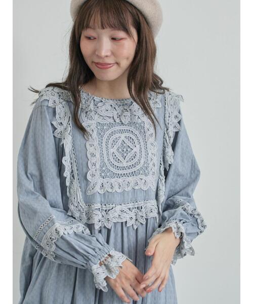 TSUHARU⋈ドビーバテンレースワンピース⋈ブルー WEB限定 Sサイズ】ドビーバテンレースワンピース（ワンピース