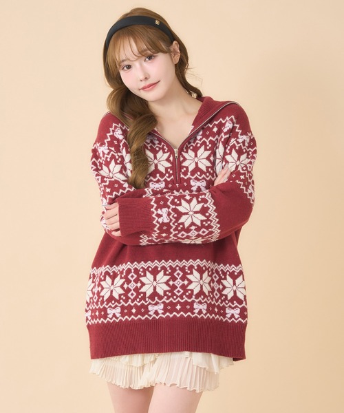 one after another NICE CLAUP（ワンアフターアナザーナイスクラップ）の「ノルディック柄ニット（ニット/セーター・レディース・レッド/サックスブルー/オフホワイト・FREE）」の3枚目の写真