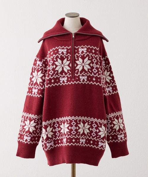 one after another NICE CLAUP（ワンアフターアナザーナイスクラップ）の「ノルディック柄ニット（ニット/セーター・レディース・レッド/サックスブルー/オフホワイト・FREE）」の4枚目の写真