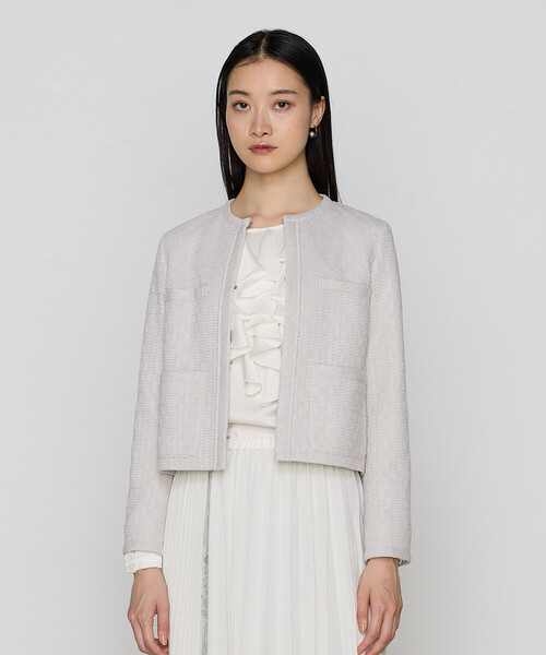 K.T KIYOKO TAKASE(キヨコタカセ)の「〔 TALLサイズ 〕【セットアップ対応】ダミエ ラッセルツイード ジャケット(ノーカラージャケット・レディース・ライトグレー・15号)」の1枚目の写真
