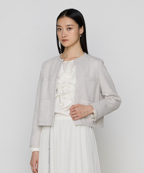 K.T KIYOKO TAKASE(キヨコタカセ)の「〔 TALLサイズ 〕【セットアップ対応】ダミエ ラッセルツイード ジャケット(ノーカラージャケット・レディース・ライトグレー・15号)」の13枚目の写真